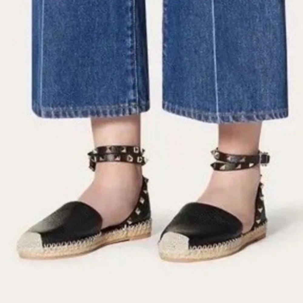 Valentino Garavani Rockstud Espadrille Sandals Leather Wrap Black Size 35 US 5